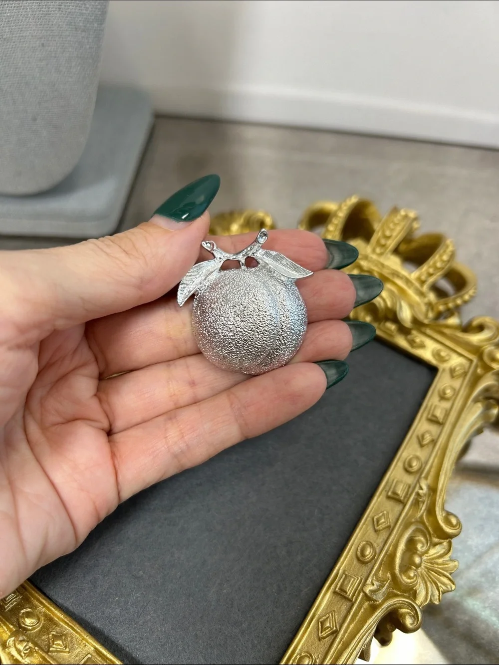 Vintage Silver Textured Fruit Brooch with Leaves